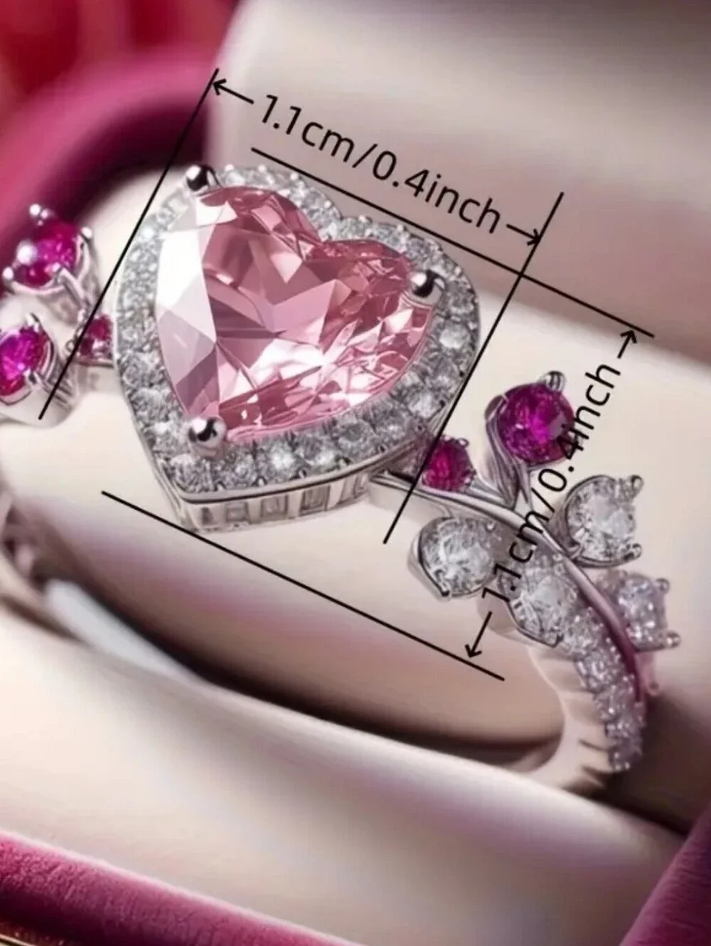 Luxury Pink Heart Zircon Ring Size 7.5 Silver Halo & Floral Band